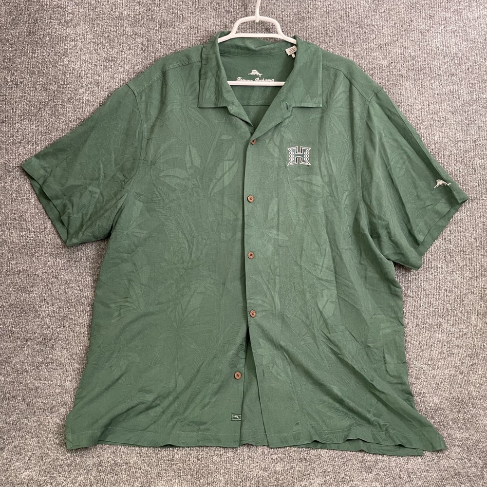 Tommy Bahama Hawaii Rainbow Warriors Silk Shirt Mens 2XL Camp Shirt Green NCAA